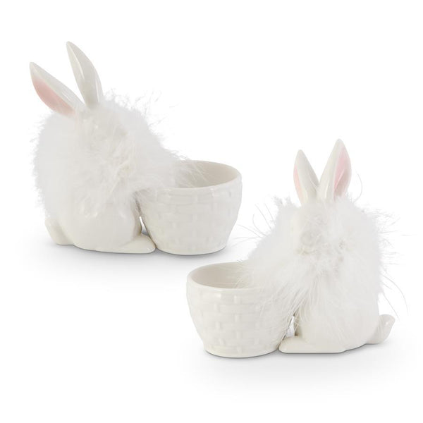 Assorted White Porcelain Egg Holders w/ Feathered Bunnies