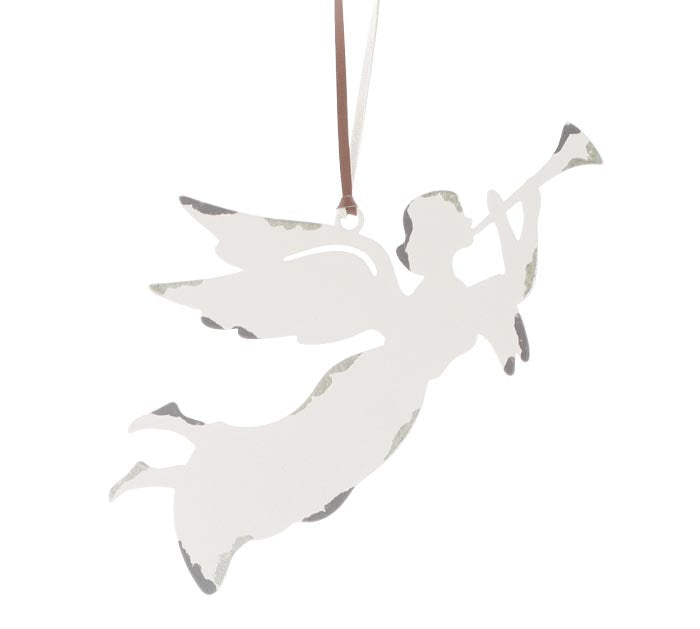 White Tin Distressed Angel Ornament