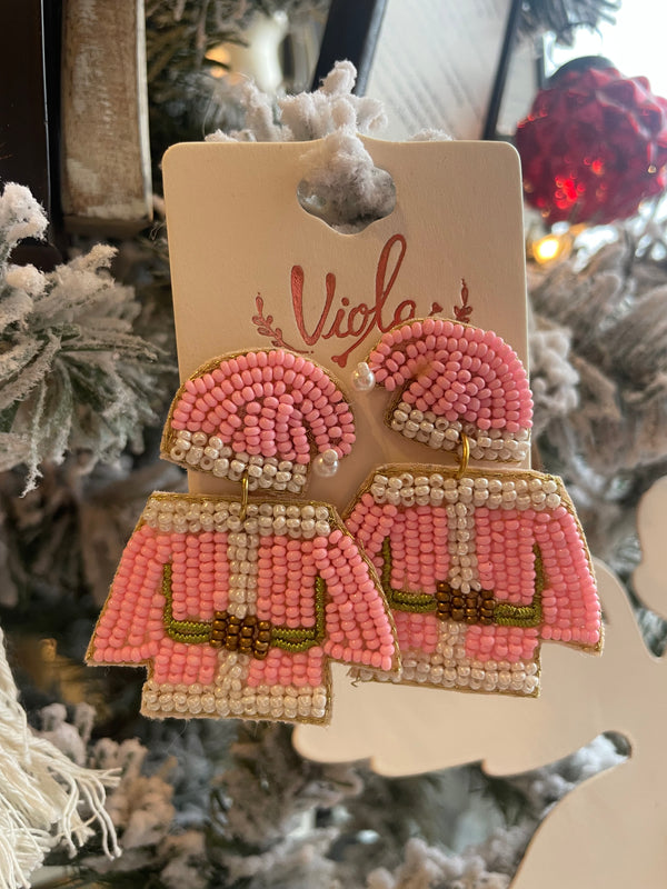 Pink Santa Jacket Seed Bead Earrings