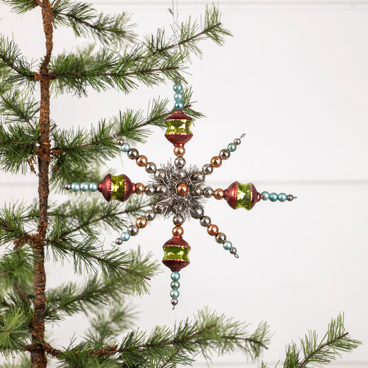 Vintage Red and Green Snowflake Ornament