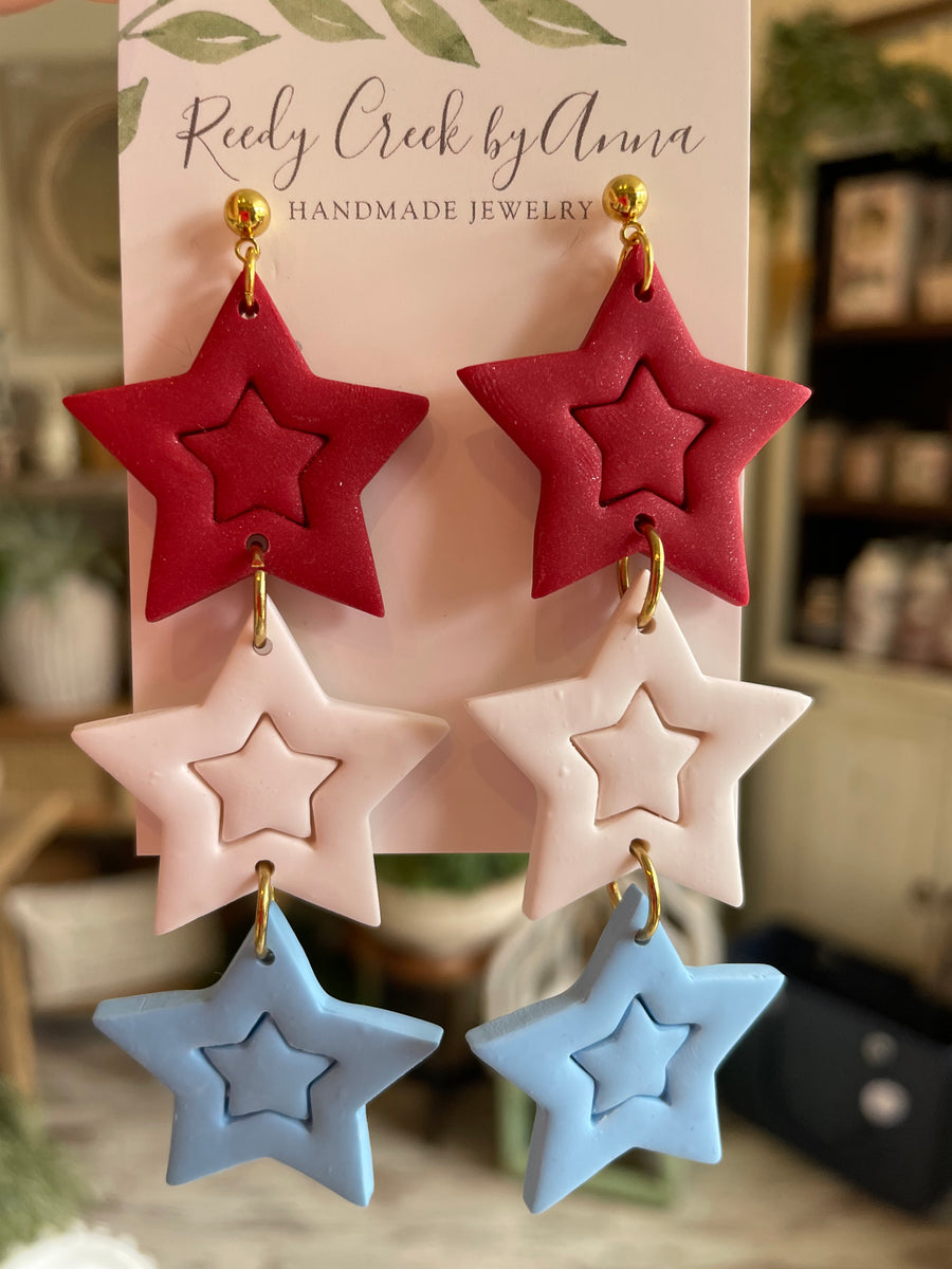 Red White and Blue Star Dangle Earrings