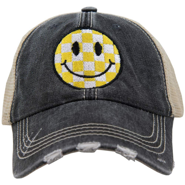 Yellow Checkered Happy Face Denim Hat