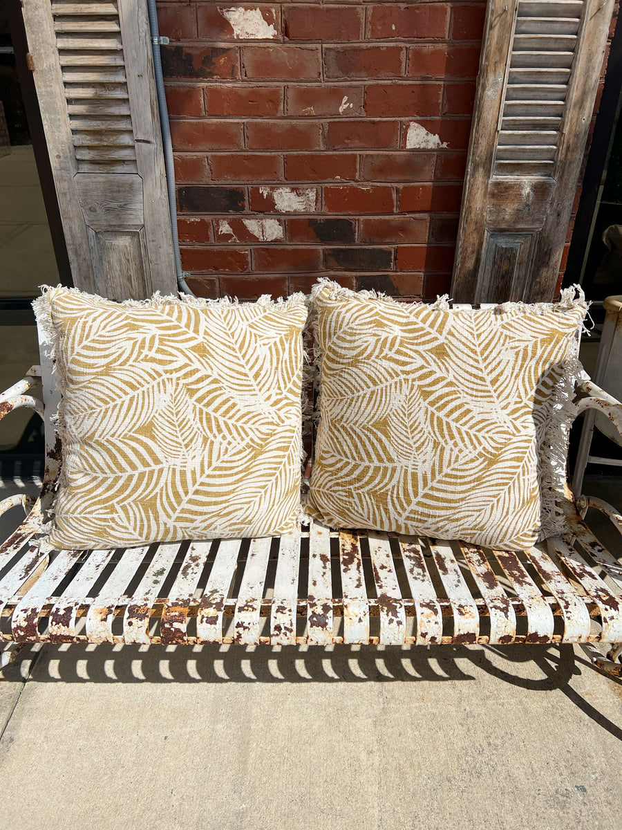 Cotton Slub Pillow with Palm Pattern and Fringe
