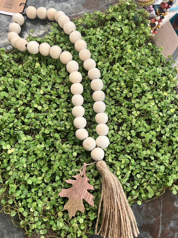 Wood Beads with Fall Icon and Jute Tassel