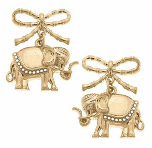 Vega Pearl-Studded Elephant and Bow Drop Earrings in Worn Gold